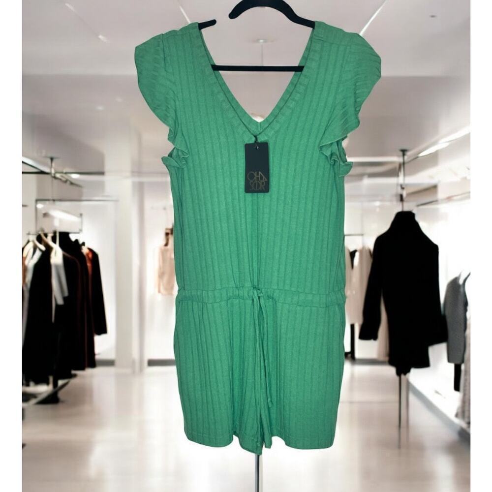 NWT Chaser Cap Sleeve V-Neck Ribbed Short Romper Green Women's Size Small